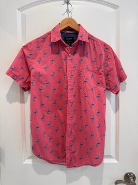 Short-Sleeve Pink and Blue Flamingo Print Button-Up Cotton shirt size medium
